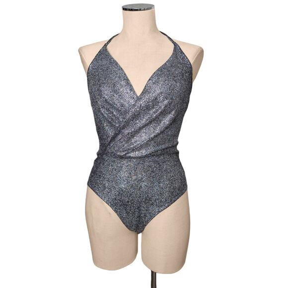 BEAR DANCE  Silver Metallic Onesie Drape Bust  Bodysuit M - Picture 1 of 2